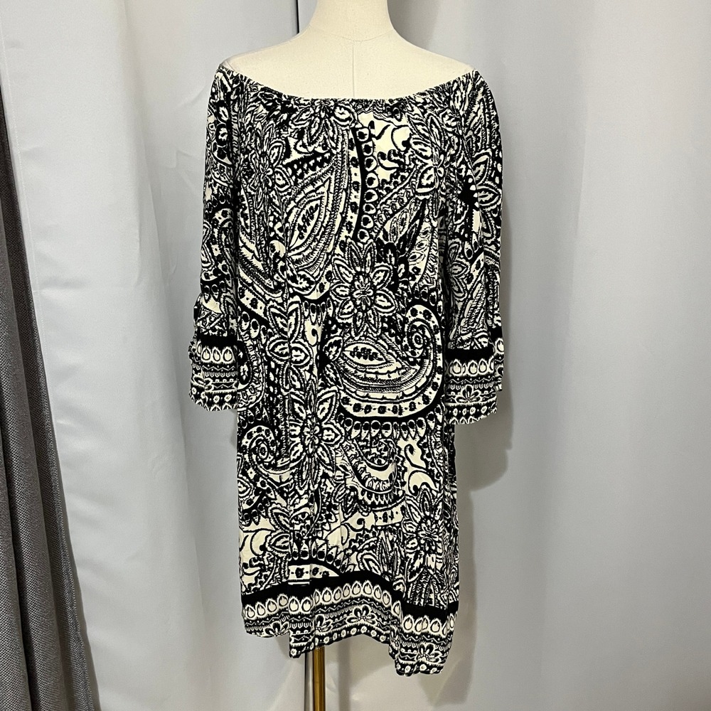 Umgee Women Sz XL Black White Paisley Off Shoulder Shift Dress Pockets Festival